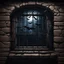 Placeholder: Hyper Realistic grill window of dark dungeon with bats flying & cobwebs on dark rustic walls at night