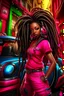 Placeholder: Create a digital airbrush cartoon of a curvy African American female wearing a hot pink jean outfit with timberland boots. Prominent make up with hazel eyes. She is wearing large diamond hoop earrings. Extremely highly detailed very long dread locs hair that shines. Background of a night club.