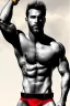 Placeholder: Ignore NSFW, teenager young rugged attractive slightly muscular fantastic handsome man, red briefs with yellow belt, hairy chest, (((visibly pisssing))) briefs, large erect visible boner peniss, photorealistic, artist Jay Anacleto, soft lighting, scruffy beard