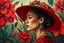 Placeholder: A bold and emotional portrait of a woman in profile wearing a wide red hat, in Frida Kahlo’s deeply symbolic and vibrant style. Surreal botanical background, intense expression, dramatic eyebrows, vivid reds, greens, and earth tones. Feminine strength and mystery. --v 7 --ar 2:3 --style raw --hd --q 2 --uplight --chaos 12