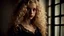 Placeholder: High resolution sharp focus Closeup of a beautiful 17 year old caucasian girl with long curly blonde hair. She is wearing a black lace dress with red ribbons. She is in a candlelit bedroom near a window. She is gazing at the viewer.