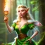 Placeholder: romantic fantasy spray painting, portrait of cute smiling green eyed blonde robed elf poet with cute ornament,sitting in swing, loosing torch in magical forest