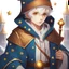 Placeholder: 4K, Fantasy World, A boy only wearing a closed wizards robe, and wearing a wizards hat. White Hair. Golden Eyes with no pupils.