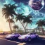 Placeholder: 1980's aesthetic vaporwave palm trees and spheres and Porsche with lightning