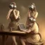 Placeholder: cute girls sitting at the computer in military gas masks. one of the girls is sticking out of the canale grande