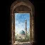 Placeholder: shado of people to jamkaran mosque in Iran has more blue green color and gold for pattern islamic in the dome . one big domes with beautiful lighting . white Daffodil flower in the floor , clouds with small birds in sky with crescent moon of ramdan . painting watercolor ,simple and islamic style , Painting like Vincent van Gogh style