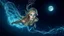 Placeholder: Airbrush, A slender, ethereal woman with cascading blonde hair and piercing sapphire-blue eyes dives into the velvety blackness of the ocean, surrounded by an otherworldly aura of bioluminescence that shimmers like a thousand tiny lanterns. Airbrush, The water around her sparkles with a mesmerizing glow, as if filled with stardust, with delicate, swirling patterns that evoke the shimmering beauty of the night sky. Stars and the moon hang low in the background, casting a silvery glow across the s