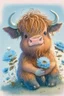 Placeholder: dorable cute happy baby scottish highland cow with dreamy eyes, sitting down and holding a flower, nursery art, very rendered polished Perfect, smooth edges, flawless Facial Features, Stunning, Whimsical Fantasy, Cute, Highly Detailed, Well Rendered, cartoon, illustration