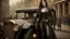 Placeholder: full-height portrait of a pale-faced steampunk woman with straight dark shoulder-length hair, with metal arms and legs, dressed in leather trousers, and a jacket, in a busy Victorian street next to a steam car