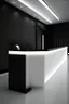 Placeholder: Reception desk with black walls, white floor, and hidden or rich lighting