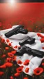 Placeholder: Two gold pistols and a red notebook on a white scarf. A field of red poppies. Close-up from above.cinematic.dark mood