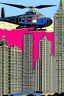 Placeholder: punisher sku;; city helicopter chasing car in the style of Hiroshi Nagai