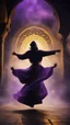 Placeholder: Hyper Realistic photographic-view of a Sufi Whirling with Golden & Purple Islamic Sufi Rustic Grungy-Black Background with thick-fog at dark-night outside an ancient Islamic architectural building with golden-sparkles-whirling showing dramatic & cinematic ambiance.