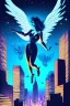 Placeholder: A flying angel over the tall buildings in a city at deep blue night.