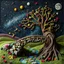 Placeholder: Photograph hasselblad h6d400c --ar 85:128 --v 6.0 of a fairy old bewitched bridge, tree, made of felt, art, 3d deep field, wide angle landscape scene, galaxies and planets, needlepoint, abstract silhoutte, expressionist style, colorful holiday