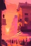 Placeholder: sunset, light pink, light orange, light yellow, light violet, buildings, city, people, market, houses, streets, lamps