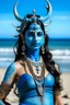 Placeholder: A photo of a blue skin Hindu goddess with painted blue skin, wavy black hair deer antlers standing on a sunny beach