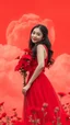 Placeholder: Beautiful lady wearing a Red dress holding a red flowers in a red sky and background and red cloud all picture is in red colours