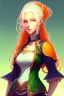 Placeholder: fantasy setting, woman with orange and white hair, green eyes, tall and thin, kind, soft facial traits