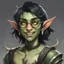 Placeholder: dnd, portrait of cute young orc-elf hybrid femboy, black hair, short hair, curled hair, hair covering one eye, emo hair, round glasses, tusks, sharp teeth, yellow eyes, flat chest, mage, magic, nose ring, pierced ears, twink, smile, sharp teeth, green skin