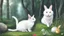 Placeholder: A black cat staring a white rabbit in the forest.