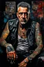 Placeholder: Ultra detailed medium portrait painting of a man, sitting on chair,ex-ganster in jail tattoos, rough look, bold, tear tattoo on face, mascara, evil look, chaos dark background,torn up collage of photo clippings, broken circuitry background, matrix effects, punk visual art, punk art aesthetic, graffiti art, pop surrealism, collage art, cluttered paint glitches