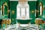 Placeholder: Malachite bathroom with a white marble bathtub on gold baroque legs, a marble sink with a gold vase faucet, and a gold-framed oval mirror with a gold towel holder, in an eccentric, luxurious style, high fetailed, cinematic