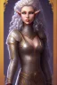 Placeholder: Female elf twilight cleric in a silver robe with blue curly hair and golden eyes