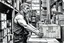 Placeholder: a working man (light swedish hair) pushing objects in a factory, sweating really hard, muscles are exploding, the man have worked through years of day and night never ending, black and white hard marker painting rough style, he pushing boxes and ibc