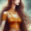 Placeholder: marigold goddess, beautiful face, long dress, brown hair