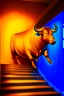 Placeholder: senile bull, spray paint, photo realism, trending on art station, 8k, depth of field, down light, light rays, volumetric, reflective spiral staircase, blue, yellow, golden brown and orange