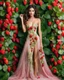 Placeholder: 📷🍓💃 length image full body sweet pose pretty woman wearing a beautiful high details natural beuty color unique gown costume made of elements varieties strawberries fruits.full background green leaves and variaties roses,orchids flowers background