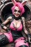 Placeholder: Closeup Tank girl smiling, lying pose, rabbit mask, pink and black short hair, latex suit, ragged clothes, fullbody, dieselpunk, valves and old cars behind, the perspective looking up from the bottom of an empty well , 8k,macro photography,