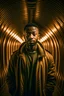 Placeholder: a man in a jacket standing in a tunnel, in the style of portraits with soft lighting, harlem renaissance, jagged edges, uhd image, drugcore, portraitist extraordinaire