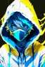 Placeholder: An anime boy who is devilish and wearing a white hoodie with streaks of bright blue and yellow colors, as well as an electronic and neon mask that only covers his mouth with bright yellow and blue colors on the front
