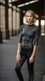 Placeholder: photography of a beautiful anorexic woman, anthracite satin triathlon top, sports illustrated, blond short wavy bob haircut, pronounced sternum, flat chest, anthracite short leggins