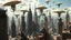 Placeholder: a stunningly weird image of a futuristic metropolis using Salvador Dali's paranoiac-critical method, where buildings and structures appear to melt into the skyline cityscape is filled with floating medusas and mad, twisted metal shapes that interact with the buildings and each other, forming a surreal tableau of a dreamlike reality. neu-steampunk vibe, essence of the scene in a cinematic manner, with dramatic shadows that enhance the distorted perspectives and bizarre mood