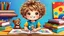Placeholder: detailed digital art style, cute anime, detailed chibi face with smile, sitting on school desk in hand a bear toy, in colorful t-shirt and short paint, , messy hair random drawing background, child book style, highly detailed, no photorealism