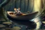 Placeholder: mouse in boat, in forest by stream, book illustration, fine detail, 4k, trending, volumetric light, depth of field