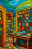 Placeholder: Pintura en donde haya una biblioteca con libros de diferentes colores al estilo de Vang Gogh.