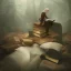 Placeholder: full body shot of calm elf with white hair in brown suit reading a legendary book, fantasy character, somber, gloomy lighting, epic perspective, trending on artstation