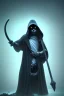 Placeholder: grim reaper cat, 4k, trending art, weird perspective, mirrors, reflection, water, smoke, realism