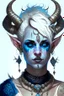 Placeholder: A young tiefling woman with a set of ram horns on her head encrusted with jewels, White-Blonde, short hair, black eyes, dressed in white and blue with lots of jewelry, beautiful, tattoos on her neck