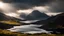 Placeholder: Mountainous landscape on Kerguelen, dramatic sunlight, chiaroscuro, beautiful composition