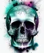 Placeholder: minimal lineart skull. watercolor and ink. black background. teal and magenta