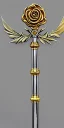 Placeholder: A long silver and Gold spear weapon with a rose at the handle and thorns up the poll, realistic, fantasy,