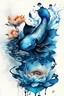 Placeholder: Create a color tattoo of one blue koi fish swimming facing up with water and lotus flowers