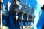 Placeholder: medieval buildings with balconies overhanging lake edge with blue sky and people, photorealism, fantastical, intricate detail, splash screen, concept art