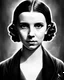 Placeholder: cinematic view, victorian look an feel, portrait of millie bobby brown as enola holmes, hyper detailed, realist, awesome, chiaroscuro, high contrast, black and white, quill pen, gustave dorè style, artgerm, wlop