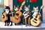 Placeholder: Group of three mature cats musicians, one cat playing guitar, one cat playing drums, one cat holding microphone and singing, street, Vienna, smiling, sunny day, model style, hyper realistic, extremely accurate, delicate, extremely detailed, Graphic novel style, wide-angle, open aperture, superfine pencil